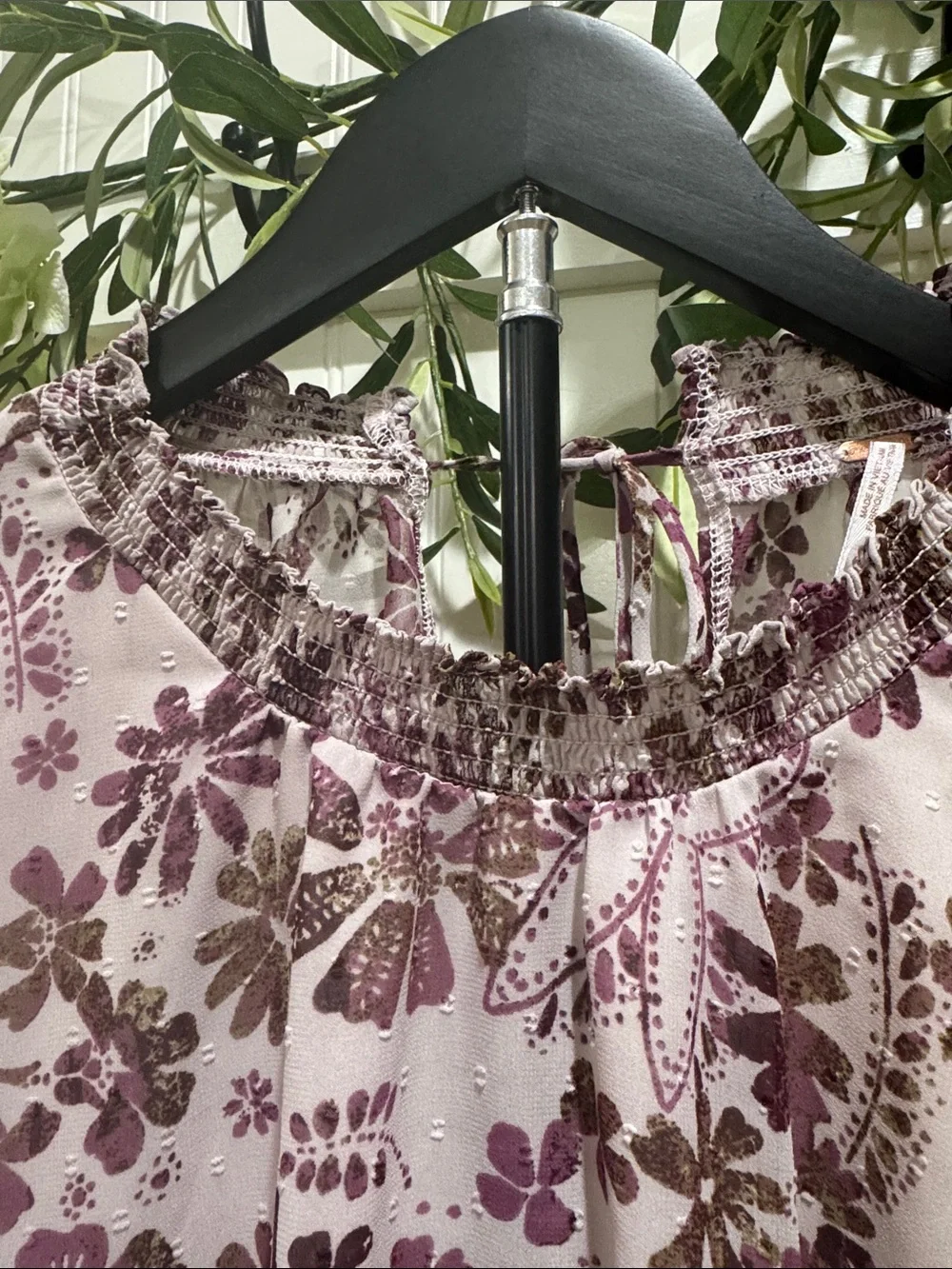 #822 FREE PEOPLE Lavender Brown Floral Smocked-Neck Puff Sleeve Blouse